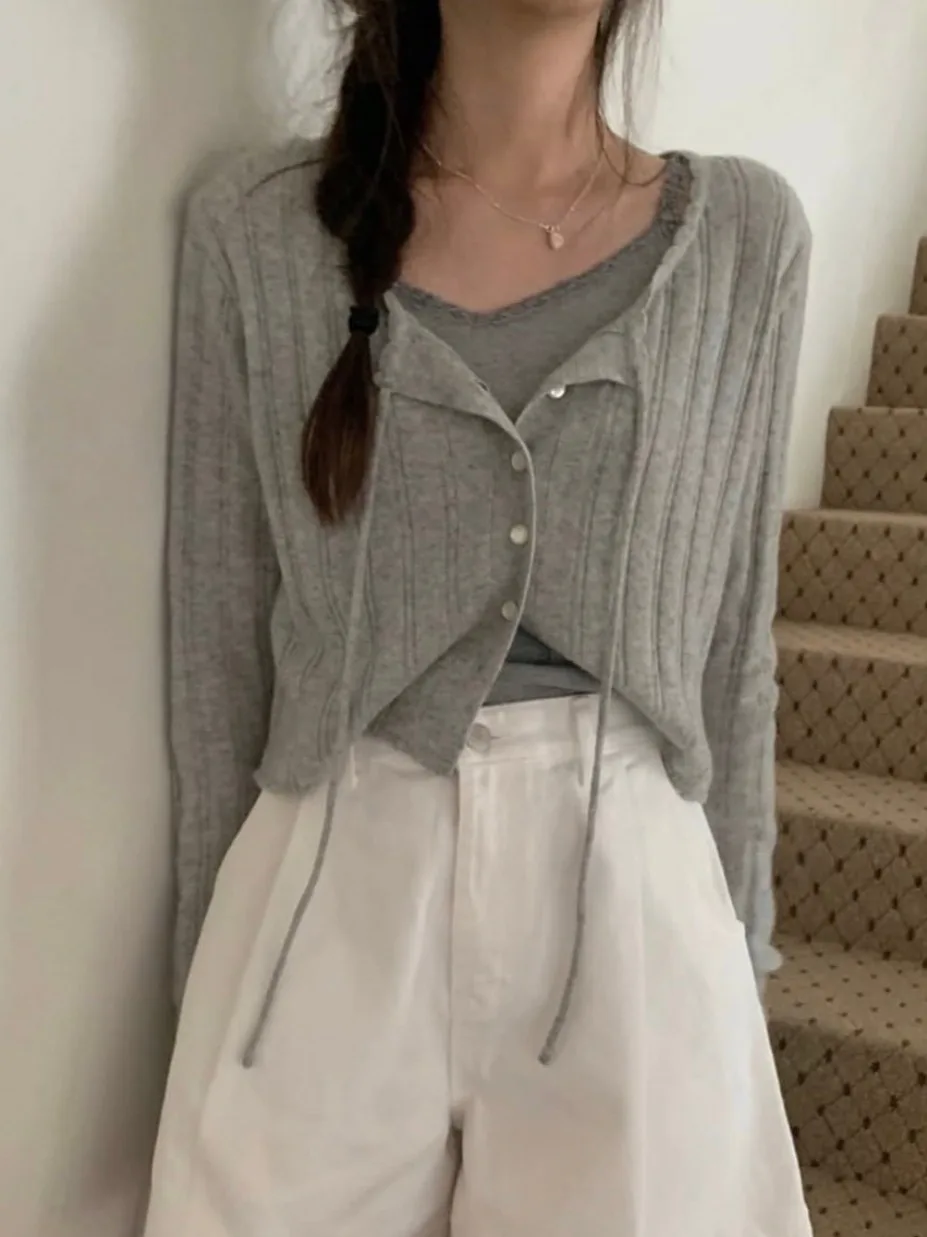 

Early Autumn Women's Long Sve Hollow out Belted Knit Cardigan Korean Sle Sweet Natured Gentle Knitted Top