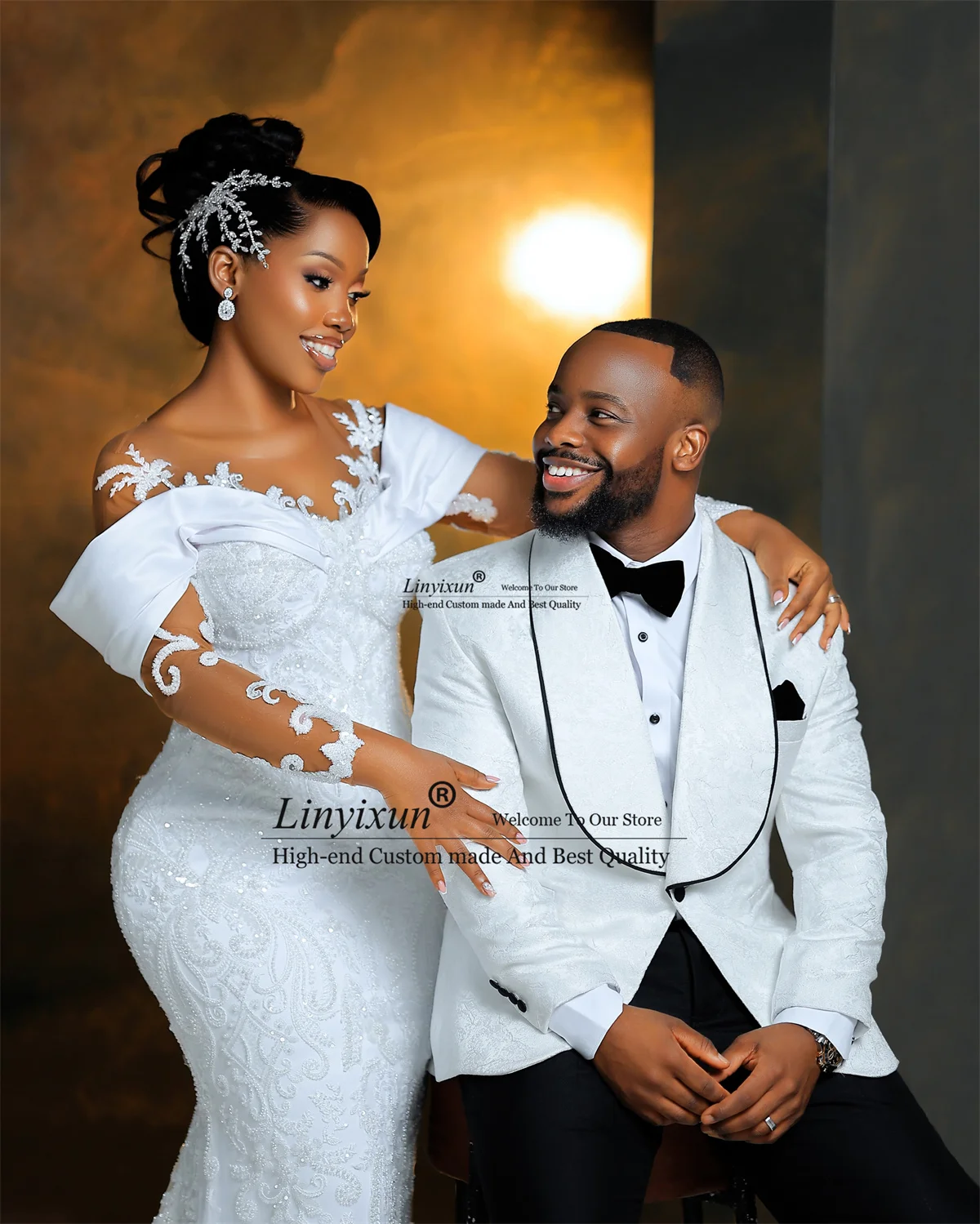 African Sweetheart Lace Mermaid Wedding Dress Off Shoulder Decoration Bridal Dress Long Sleeves Customized Vestido De Novia