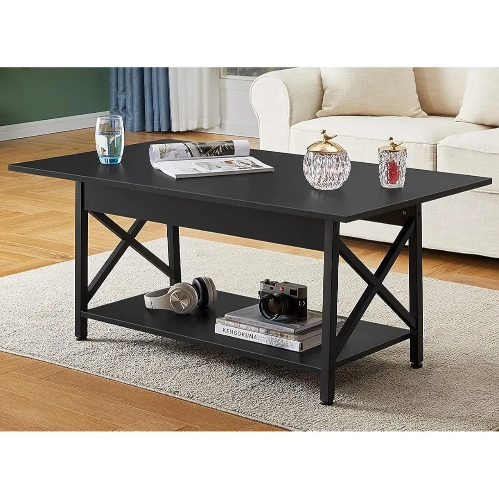 Coffee table with storage shelves, 2 tiers rectangular living room center table, suitable for home office, easy to assemble