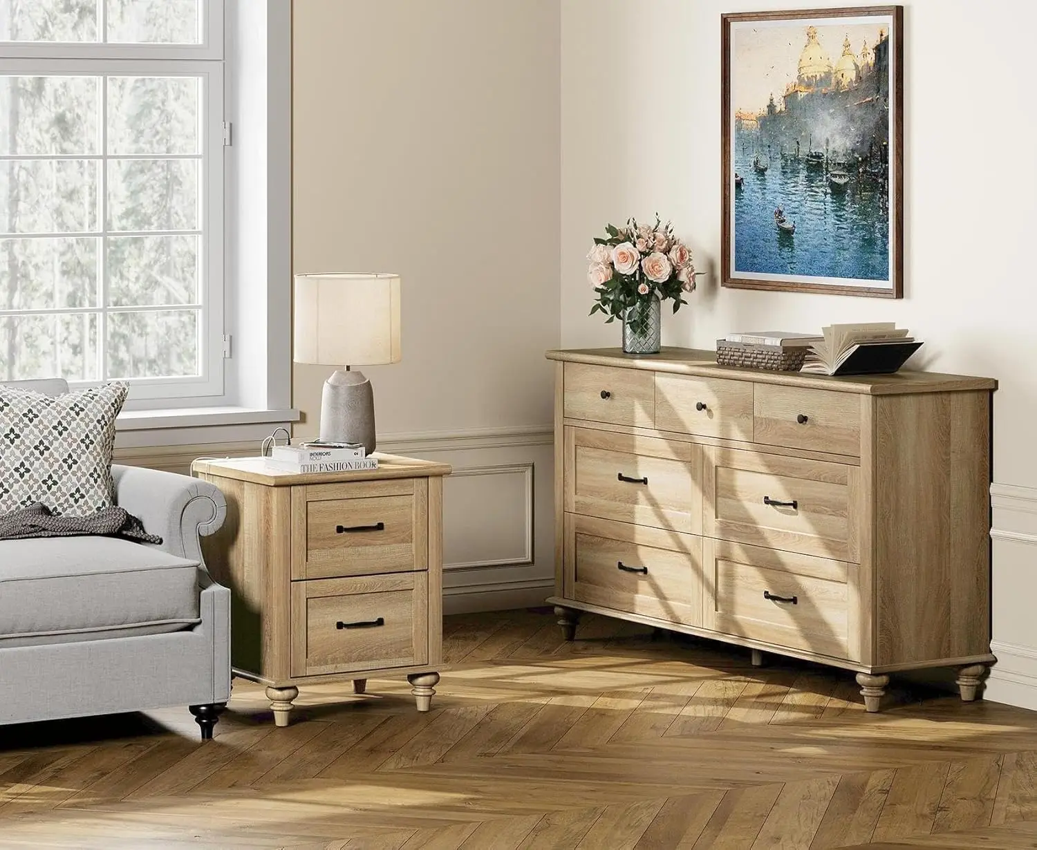 

2 Piece Bedroom Set - Includes 7 Drawer Dresser for Bedroom, Light Wooden Night Stand with Charging Station & Drawers,
