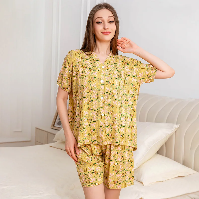 

Short Sleeve Shorts Floral Print Woman Satin Pajama Sets Ensembles 2 Piece Lady Outfit Lounge Women Pijama Sleepwear Pajama Pj