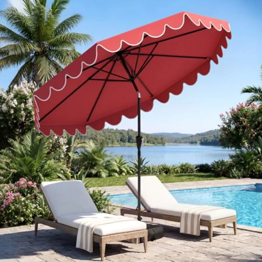 Patio umbrella for backyard pool deck use, polyester fabric in beige, tilt adjustment and crank mechanism with 8 ribs and 2-tie