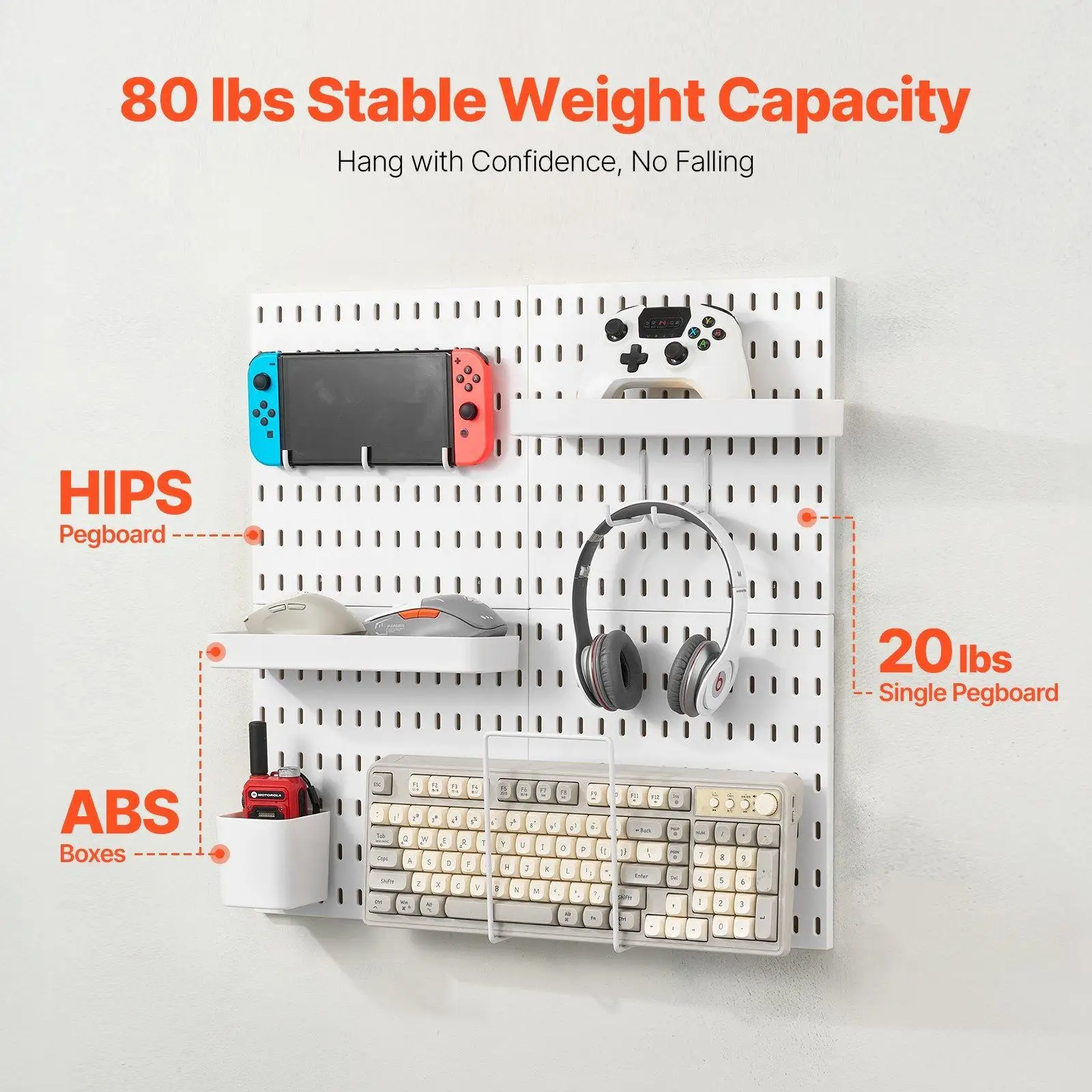 Modular Plastic Pegboard Wall Organizer Combination Kit 11x11 Inch 4 Panels DIY Hole Board Storage Display System for Craft Room Garage Kitchen Tool Organization Home Office Accessories White view 3