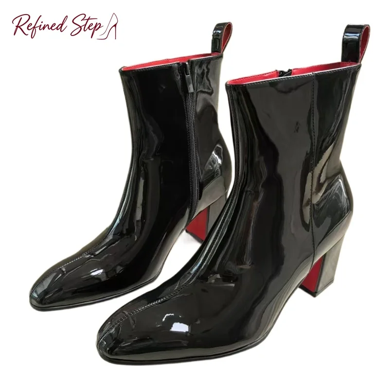 Men's Black Patent Leather Boots Luxury High Heel Boots Men Dress Shoes Breathable Pointed Toe Ankle Boots Autumn Mens Shoes