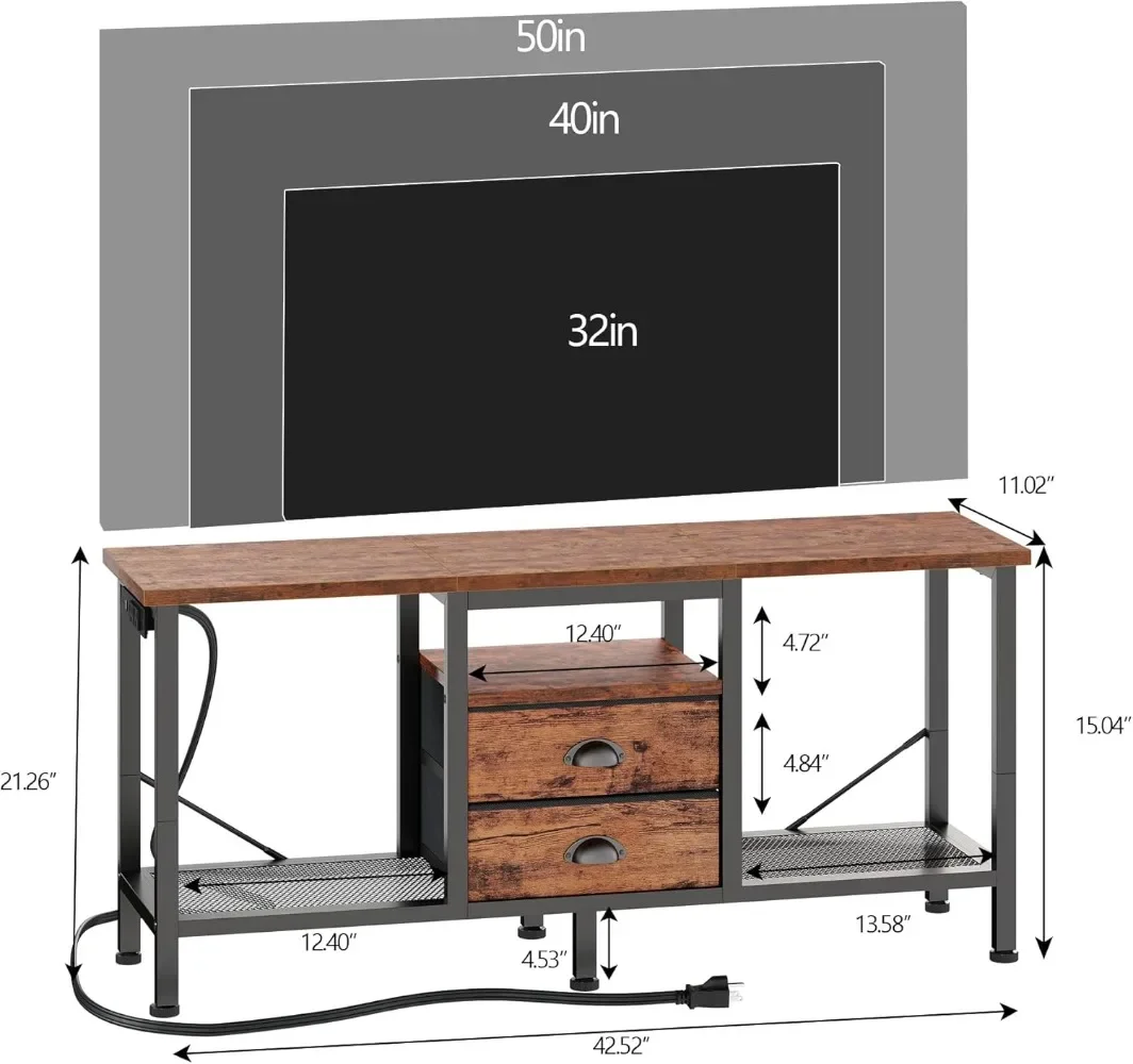 TV Stand with Power Outlets and 2 Fabric Drawers, 42 Inch Small Entertainment Center with Open Storage Shelves