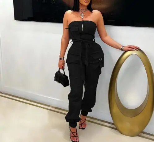 

Women's Fashion Strapless Jumpsuit - Cargo Style Romper with Belted Waist & Elastic Ankle Cuffs Party Outfit
