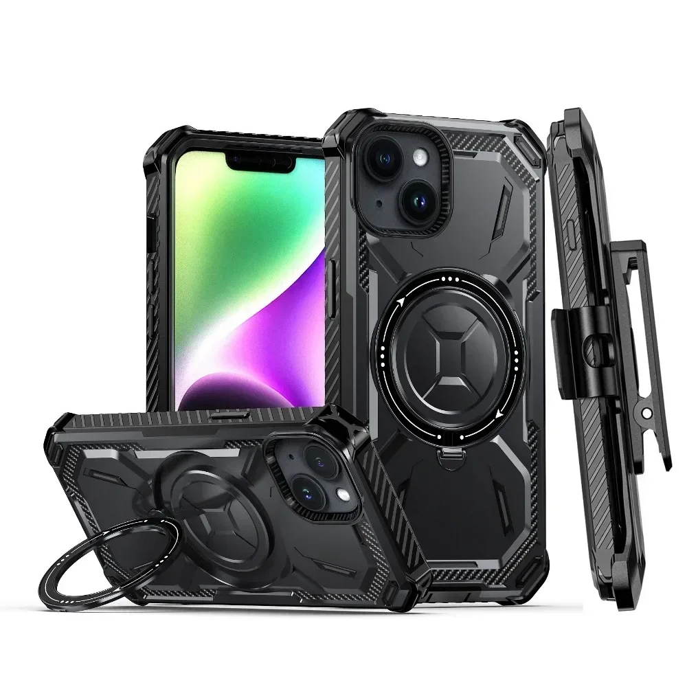 

Для iPhone 16 15 Plus Pro Max Armor Rugged для MagSafe Магнитный чехол для телефона с кольцом-держателем и зажимом для ремня