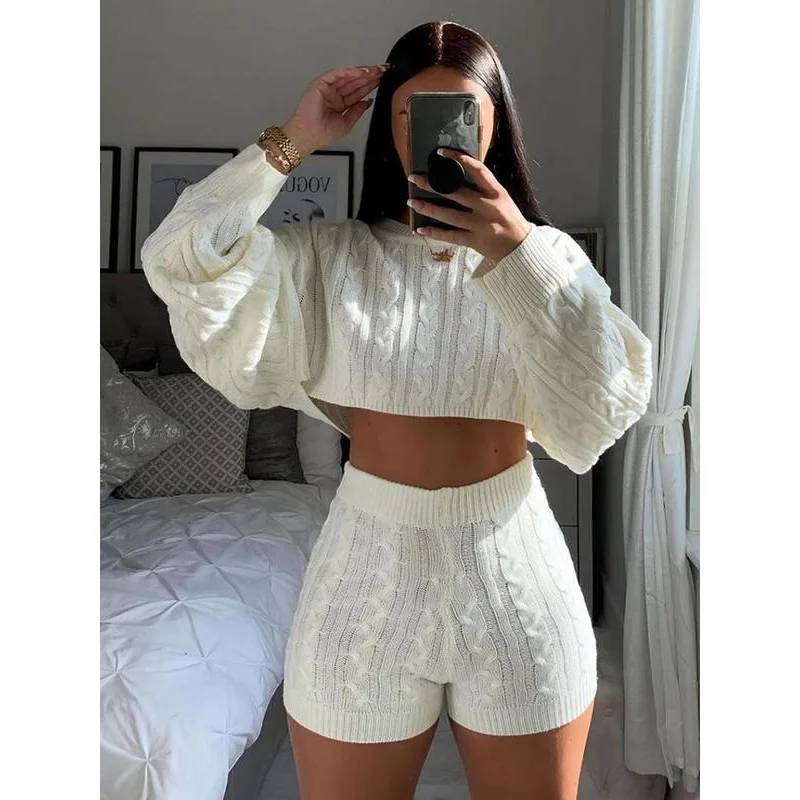 Suéter feminino sólido com ombro caído e shorts de cintura alta, roupas de outono, roupa feminina macia e confortável para mulheres, moda casual