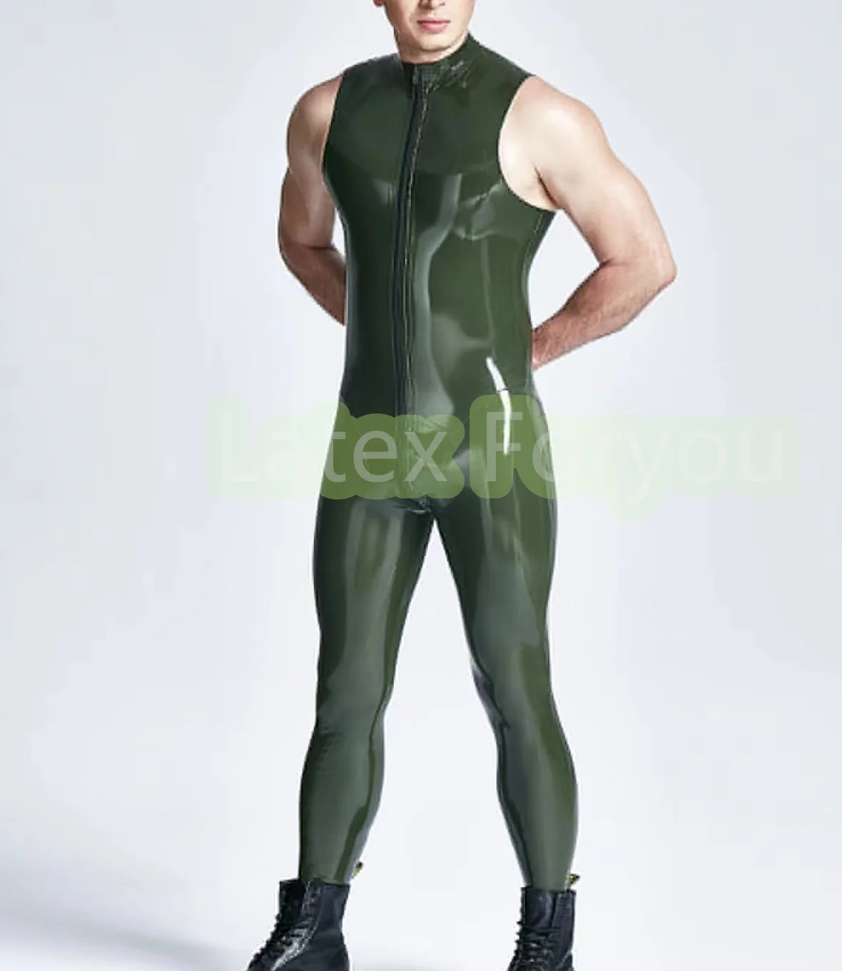

Handmade Latex Rubber Sleeveless Catsuit Men Classic Party Wear Gummi Jumpsuit 3D Crotch with Front to Crotch Zipper No Socks