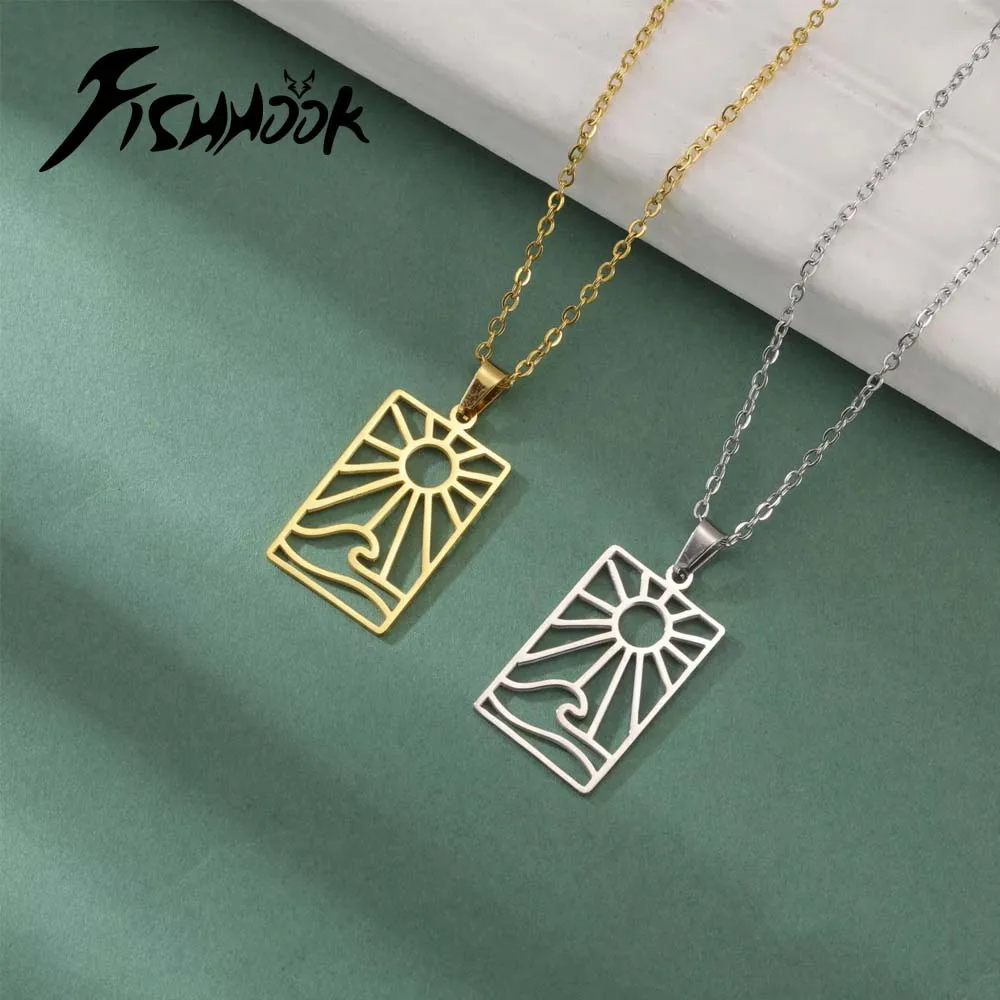 Fishhook Ocean Wave Necklace for Woman Men Kid Child Sun Sea Beach Gold Color Pendant Stainless Steel Jewelry Gift