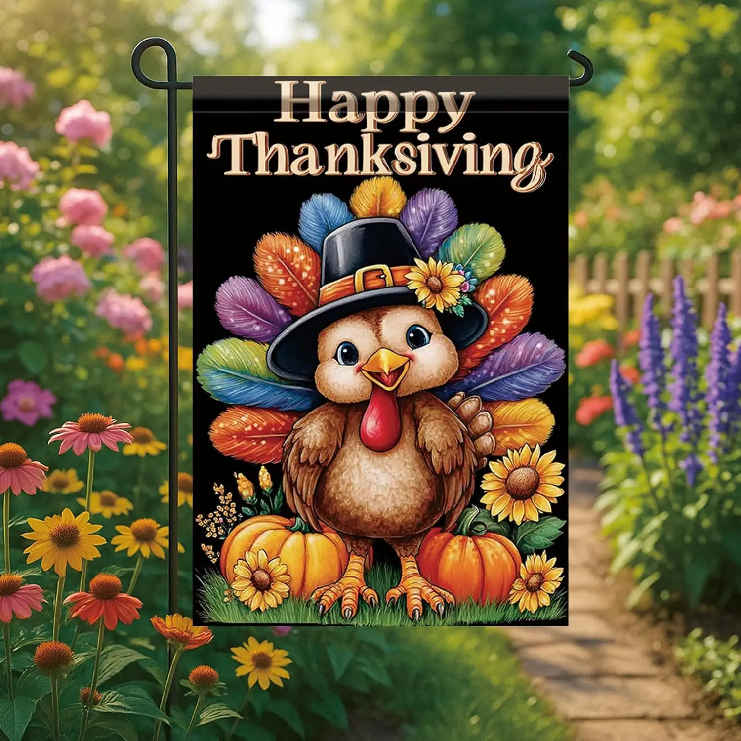 Thanksgiving Garden Flag 12x18 Inch Turkey with Pilgrim Hat and Colorful Feathers Happy Thanksgiving Outdoor Yard Porch Lawn PPZ