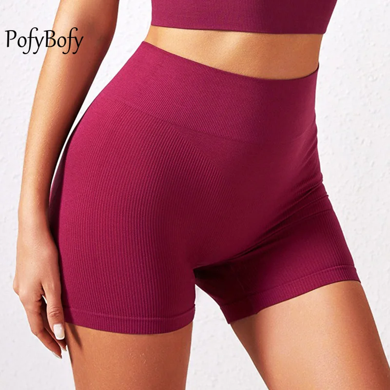 

PofyBofy Peach Buttocks Wide Waistband Stretchy Tummy Control Seamless Ribbed Shorts Fitness Running Training Women Sport Pants