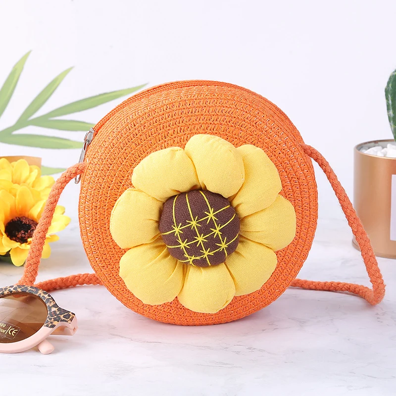 New Girls Shoulder Bag Multipurpose All-match Sunflower Decoration Round Shape Straw Handbag Children's Bags Streetwear