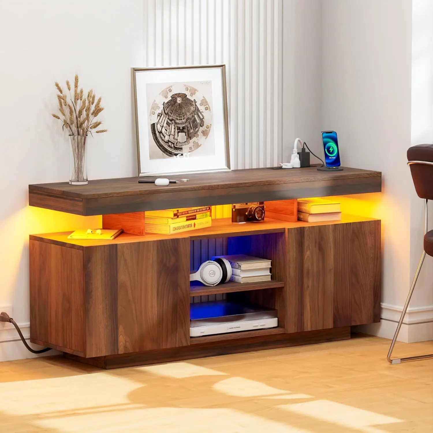 HOMMPA LED TV Stand for 55/50/43/40/32 Inch Modern Entertainment Center with Power Outlets, Gaming Consoles Storage, Med