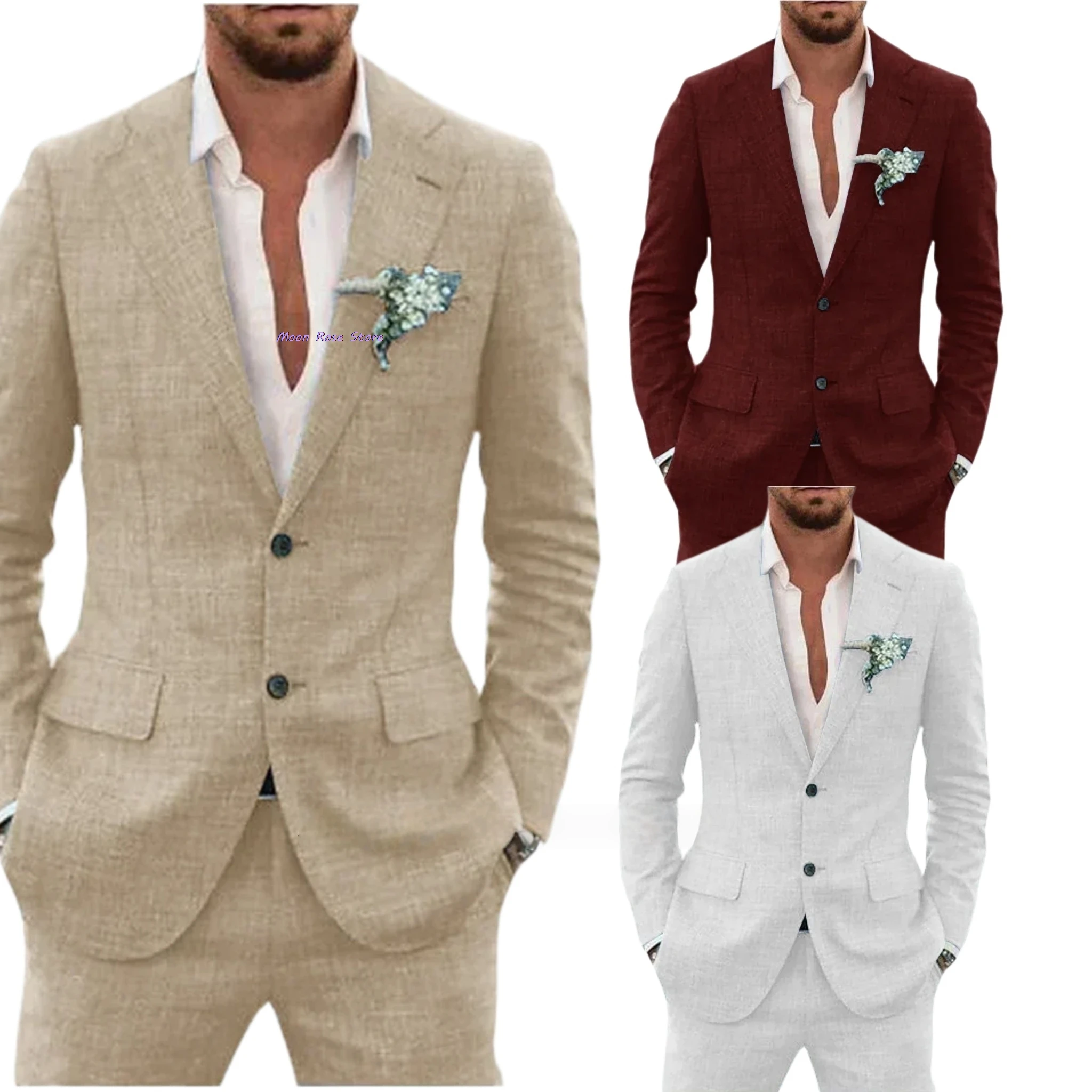 

2 Pieces Blazer and Pants Set Linen Suit Tailored Suits Pocket in A Slot Men‘s Designer Clothes Vest for Office Evening Party