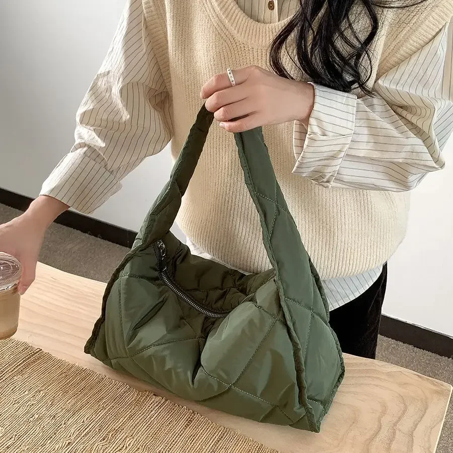 Solid Color High Quality Cotton Tote Bag Nylon Handbag Expanded Olive Green Tote Bag Custom Puff Cotton Fabric Hand Bag