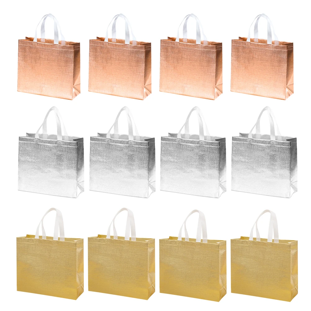 

12 Pcs Gift Bags 27x32x12cm Wedding Party Favor Bags Reusable Handles Bulk Packaging Rose Gold Aluminum Coated Durable Storage