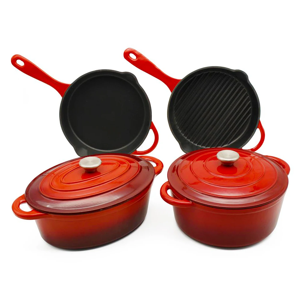 6pcs Cast Iron Pots and Pans Non Stick Cookware Sets Red Enameled    Set