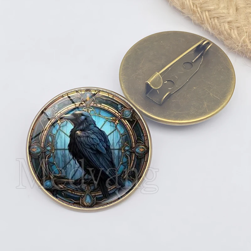 Black Crow Pattern Brooch Black Crow Photo Glass Dome Badge Pin Jewelry Clothes Backpack Accessory
