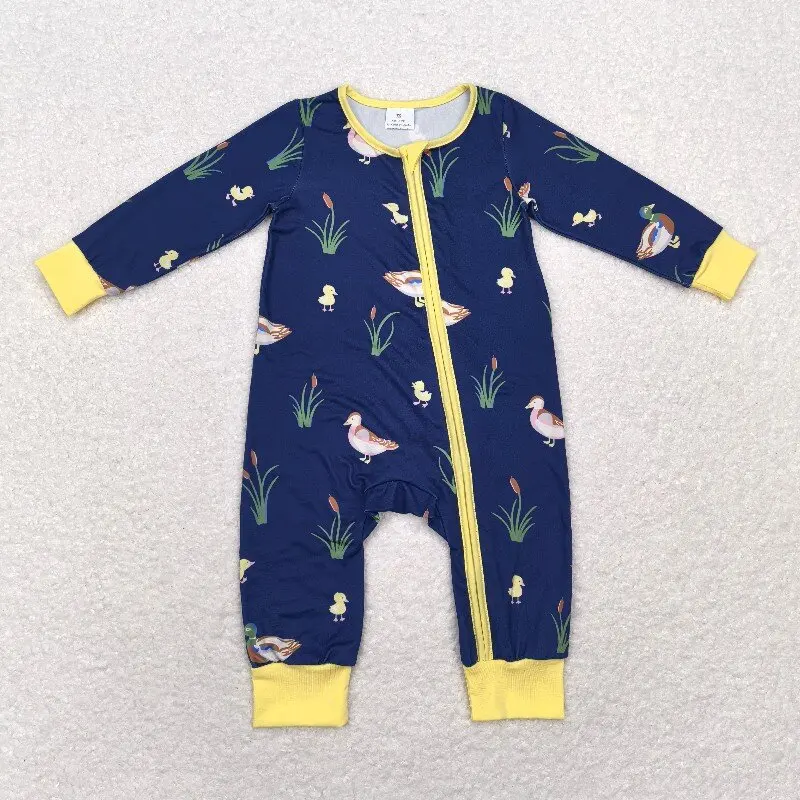 

Hot selling baby boys romper wholesale boutique duck yellow trim navy blue zipper long sleeve onesie