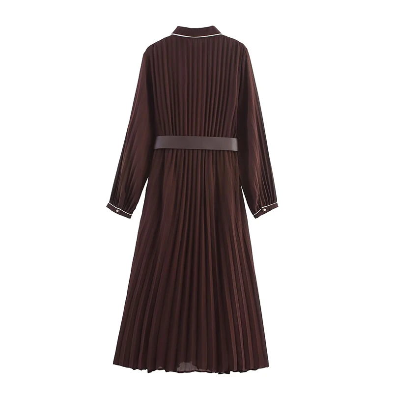 YENKYE 2025 Women Brown With Belt Pleated Midi Dress Front Button Long Sleeve Chiffon Autumn Dresses Female Office Vestidos
