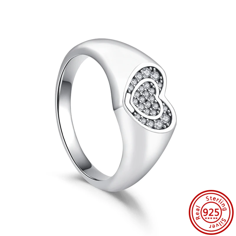 Anillo de plata de ley 100% 925 con forma de corazón radiante, joyería fina de lujo con diseño de onda asimétrica brillante, espoleta pulida, gran