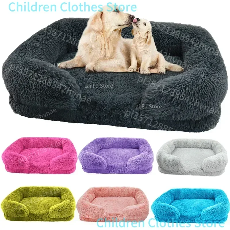 Grandes lits rectangulaires d'hiver pour chiens, lavables en peluche, tapis de lit moelleux pour chiens et chats, coussin pour animaux de compagnie, niche grande et moyenne