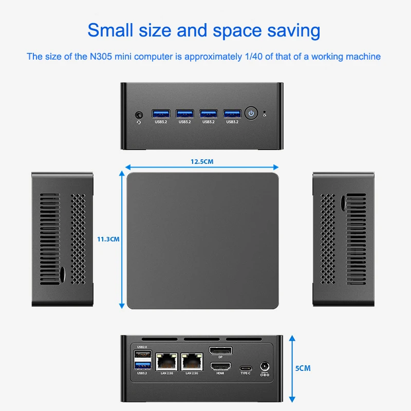 Mini computador de mesa com Intel Core i3-N305, 6Mb Cahce, DDR4 2280, NVME BT4.2, LAN dupla, 4K tela tripla, DP HDMI, tipo C, 5 x USB 3.2