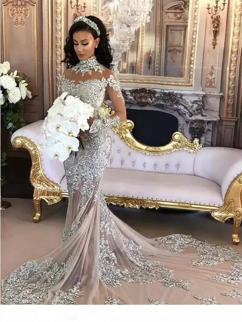 

Customized Wedding Dress Luxury Beaded Lace Applique High Neck Illusion Long Sleeve Silver Mermaid Chapel Bridal Gowns