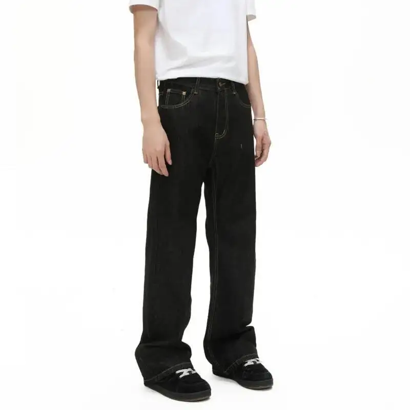 

Осень 202, мужские джинсы в корейском стиле, однотонные, однотонные, с широкими штанинами, прямые универсальные мужские джинсовые брюки