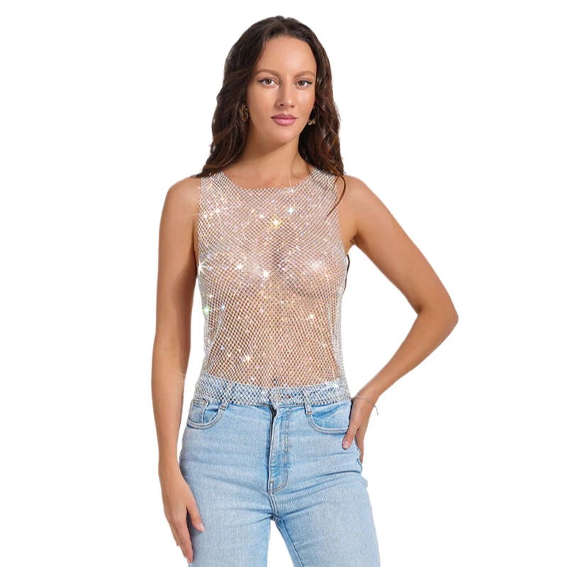 Damen Strass-Netz-Tanktop mit AB-Kristallen, ärmelloses, transparentes Überwurf-Oberteil für Nachtclub, Party, Festival, Weste, Kleid für Damen – Detail 2