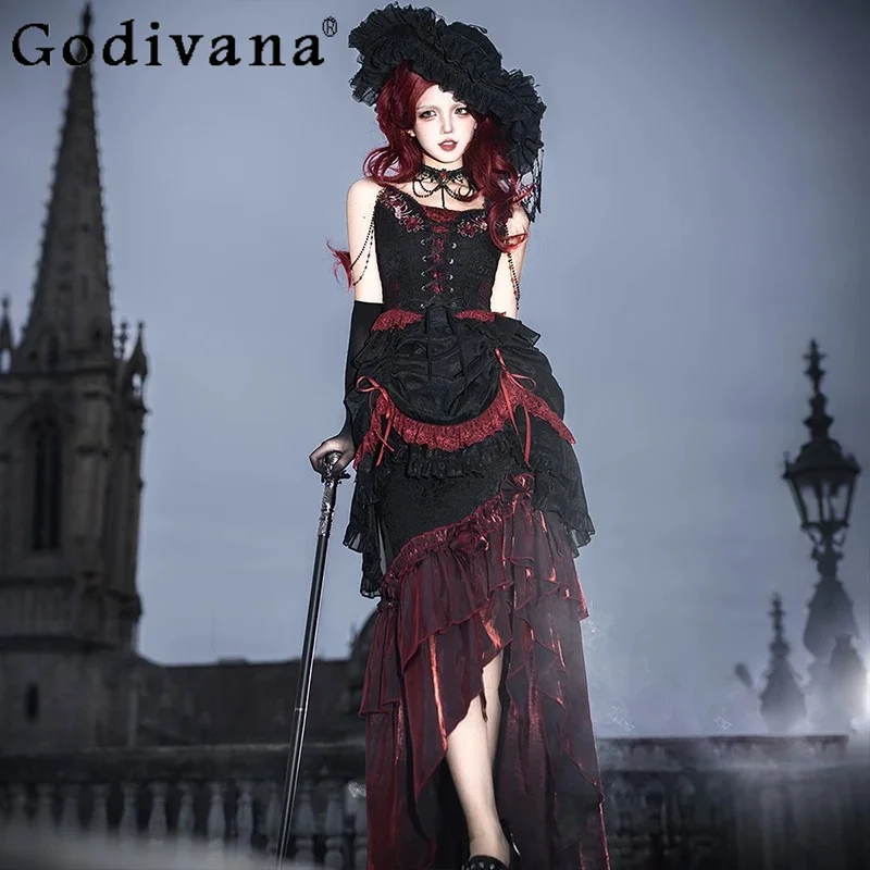 

Red Gothic Lolita Vintage Skirt Set 4pc-set Spring Summer New 2026 Cos Clothes Women's Court Suspender Top Fishtail Skirt Outfit