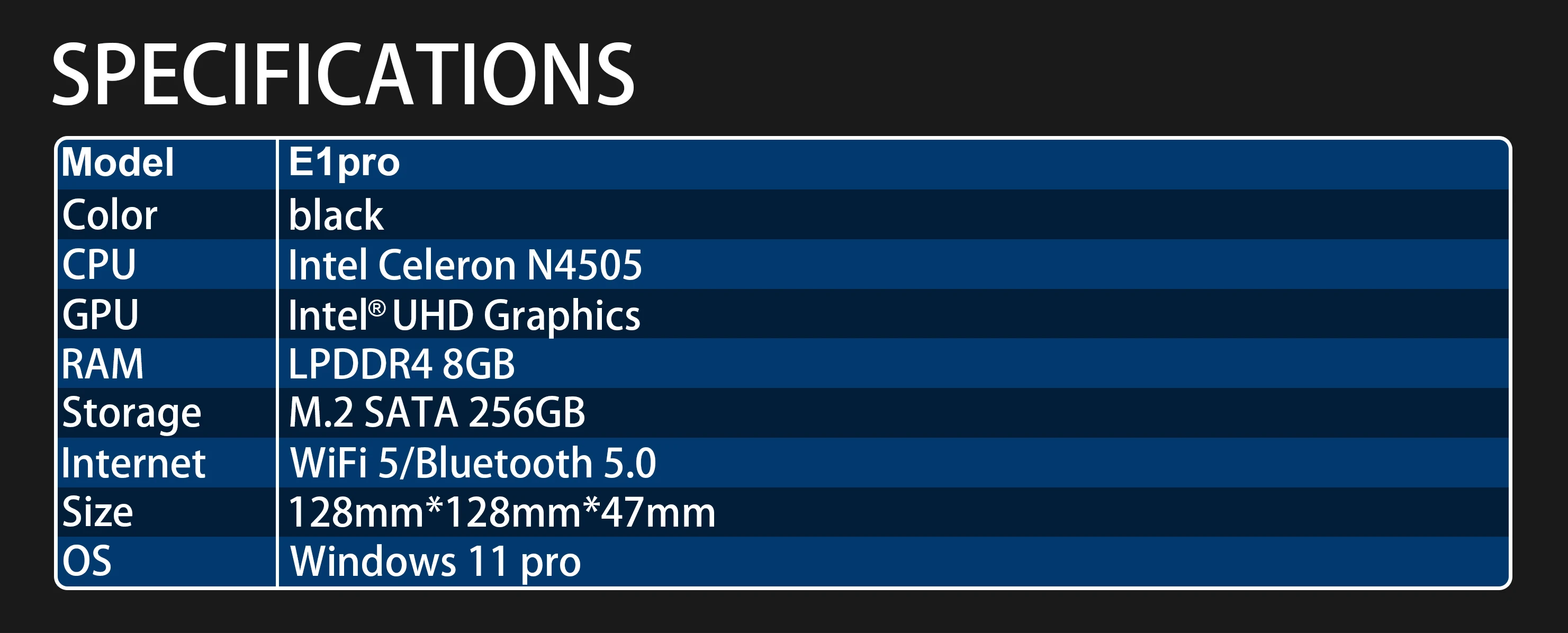 ERVPES E1PRO Mini Pc 8GB LPDDR4 256GB SSD Intel N4505 Windows 11 Pro Dual-Band Wifi BT5.0 Office Desktop Mini Computer