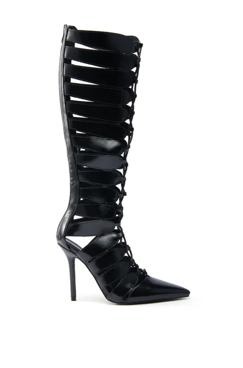 حذاء بكعب عالٍ للركبة برباط من الجلد الأسود بمقدمة مدببة وتصميم كعب ستيليتو كعب عالي للسيدات على الموضة #3