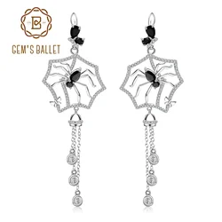 GEM'S BALLET Spider Black Spinel Long Earrings 925 Sterling Sliver Vintage Gothic Punk Drop Earrings For Women Party Jewelry