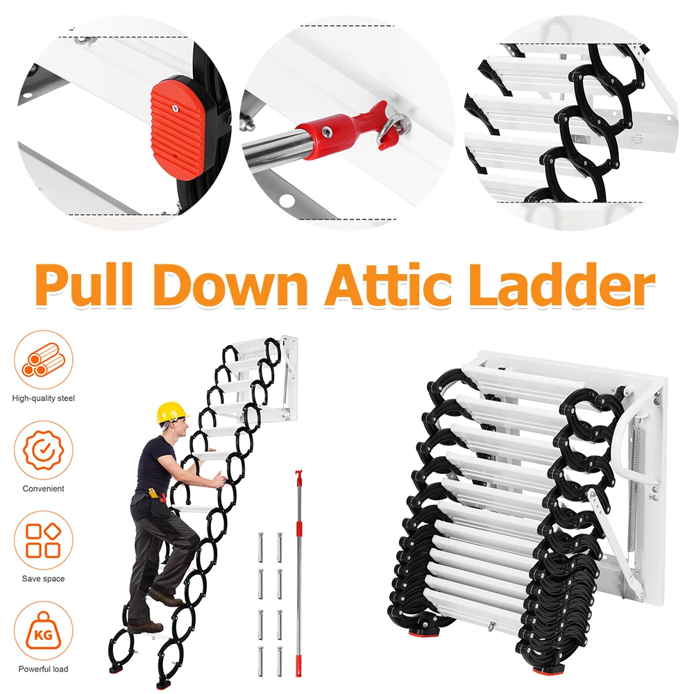 9.84-10.66ft سلم العلية المضادة للانزلاق خطوة سلالم تلسكوبية مع مساند للذراعين تمديد الدرج توفير المساحة للوصول #1