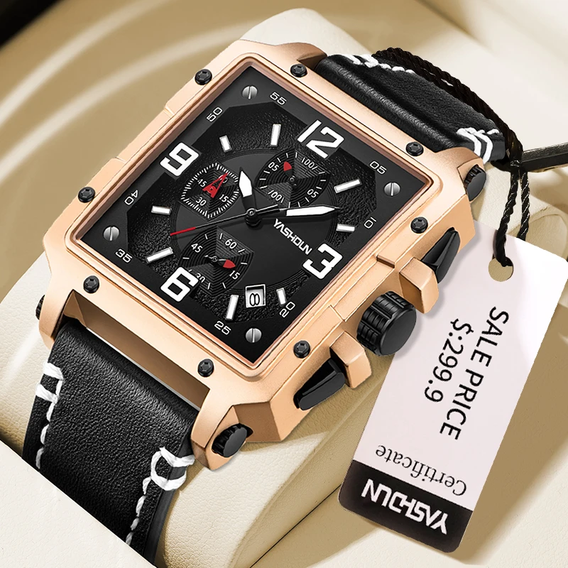 

YASHIDUN мужские часы кварцевые часы кожаный ремешок хронограф спортивные военные наручные часы многофункциональные водонепроницаемые светящиеся часы