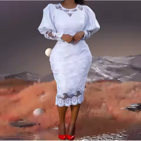 Lantern Sleeve Embroidery White Lace Bodycon Dress Elegant Dresses For Women 2026 Evening O Neck Mesh Hollow Out Pencil Dress