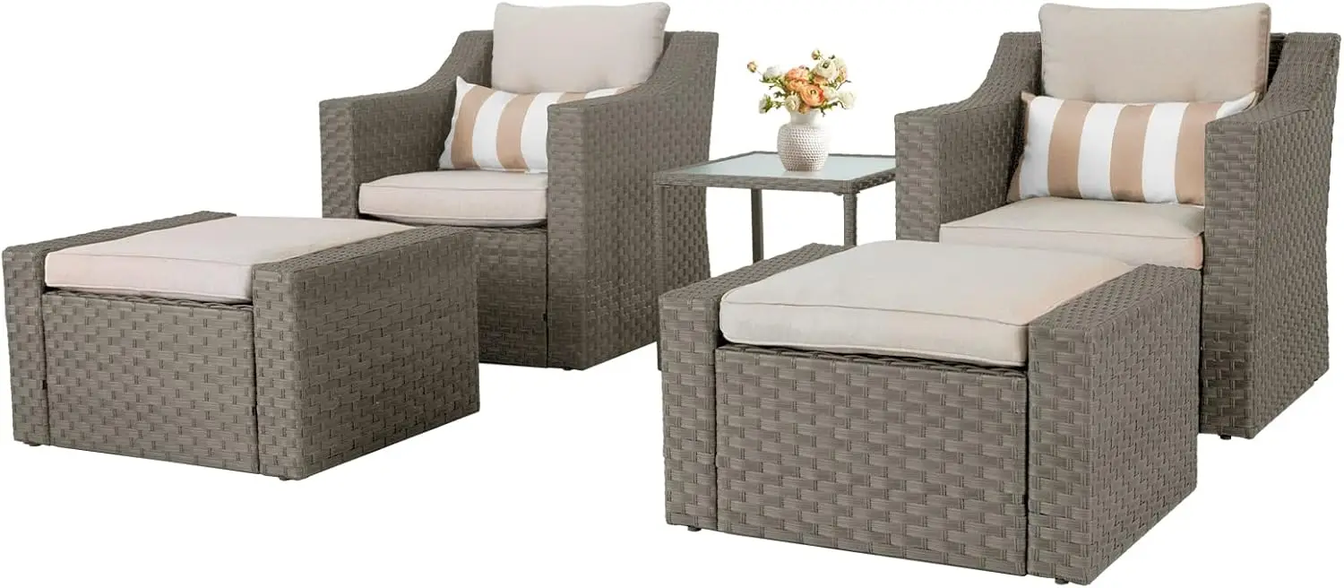 

5 Piece Patio Conversation Set Outdoor Furniture Set, Grey Wicker Lounge Chair With Ottoman Footrest, W/Coffee Table & Cushions