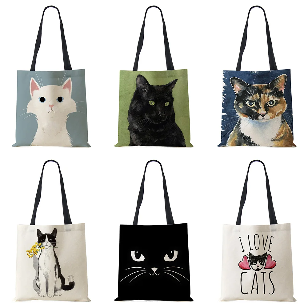 Print Shoulder Bag Vintage Women Cat Cartoon Large Capacity Canvas Tote Bag 2022 Harajuku Cute Casual Shopper Portable Handbag