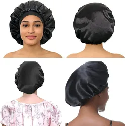 Nieuwe dames satijnen effen breedgerande slaapmuts unisex hoofdomslag elastische band cap haarverzorging motorkap nachthoed motorkap