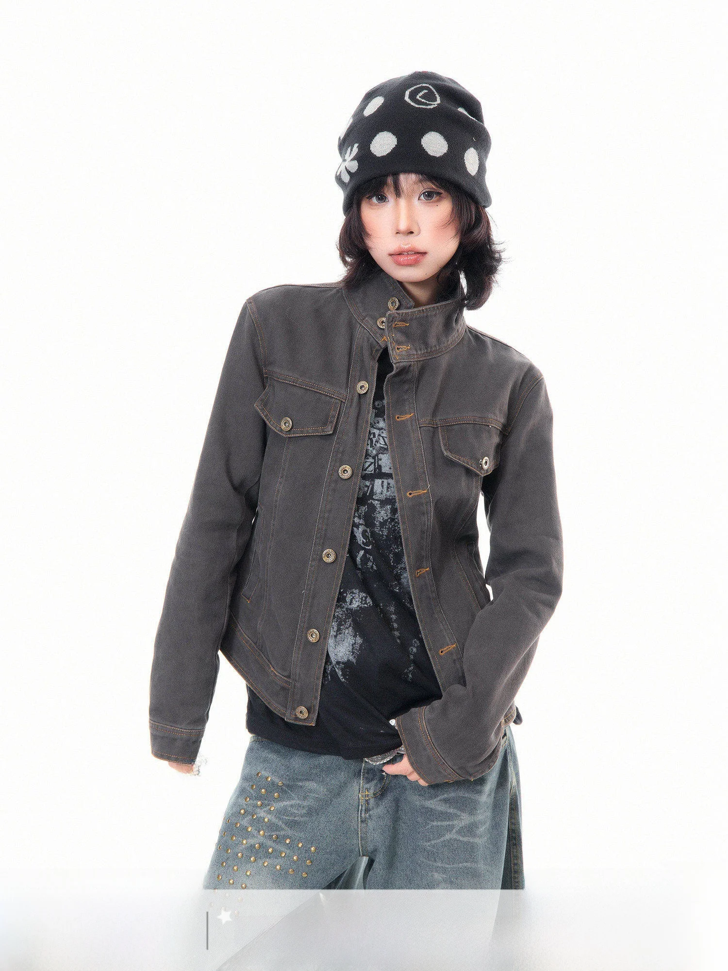 

Ретро-куртка из денима в американском стиле для женщин, приталенная, с воротником-стойкой, укороченная, повседневная, в рабочем стиле, на пуговицах, из хлопка