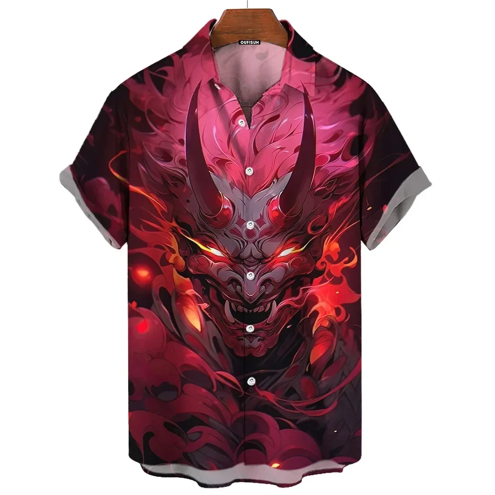 Men Japanese Oni Hannya Mask Tattoo Style Print Cuban Collar Short Sleeve Shirt Loose Button Up Summer Beach Vacation Casual
