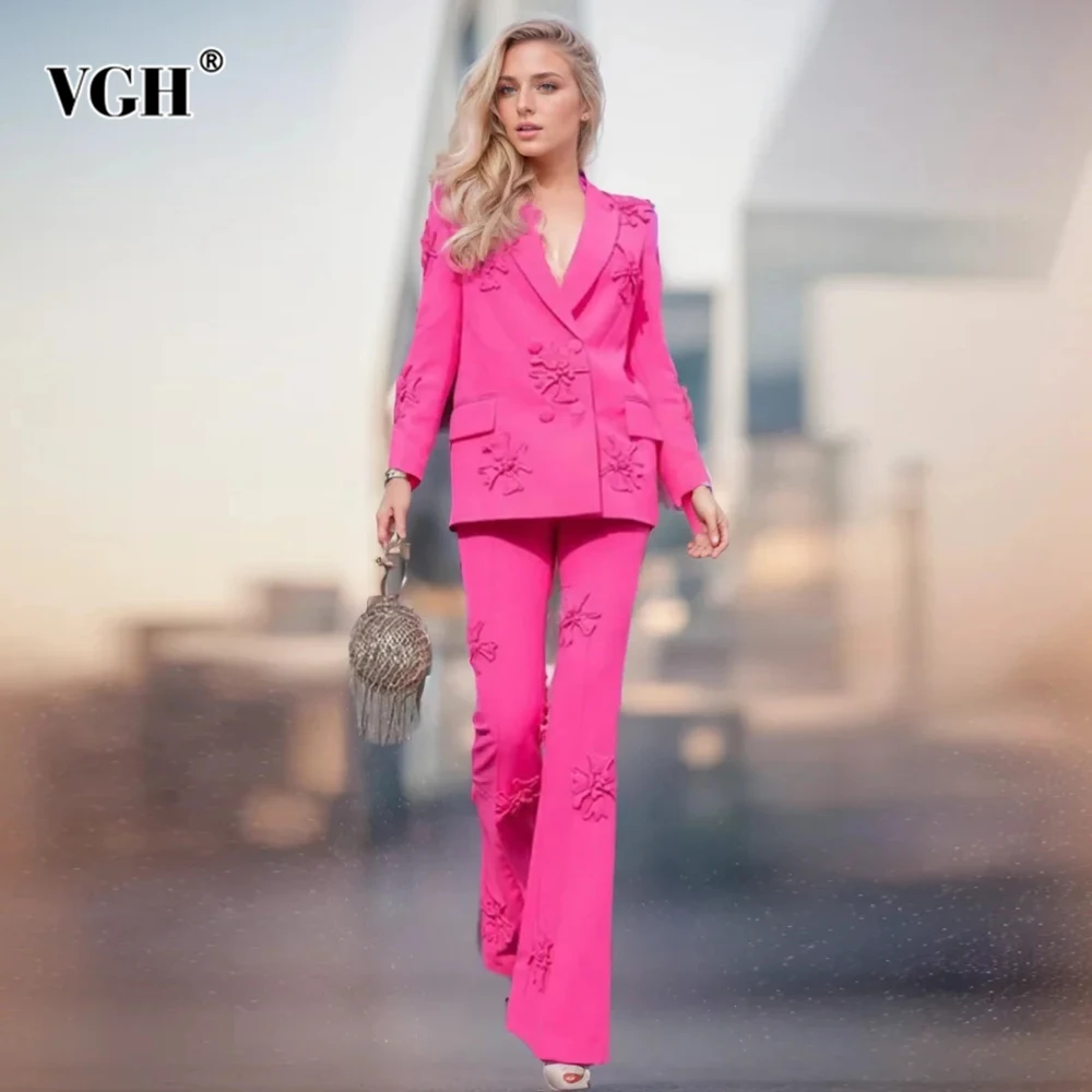 

VGH Spliced Appliques Two Piece Sets For Women Notched Collar Long Sleeve Blazers High Waist Flare Pants Slimming Set Female New