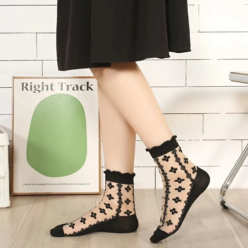 5/10 Paar Damen-Socken mit Spitze, mittlere Röhre, Kristall, Retro-Blumenmuster, Sommer, leicht, verschleißfest, atmungsaktiv, Freizeitsocken – Detail 3