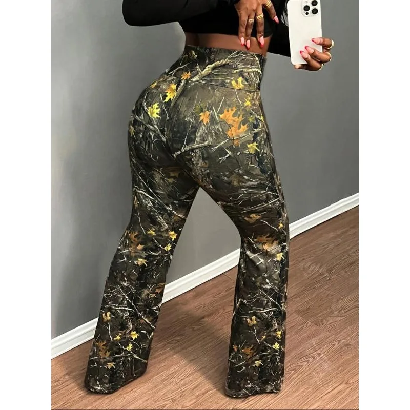 Pantaloni dritti casual sottili da donna nuovi taglie forti Pantaloni stampati in vita elastica a vita alta Pantaloni bohémien