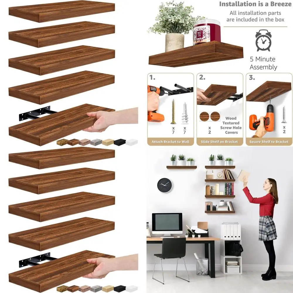 

Wall-Mounted Floating Shelves Set of 5 in Walnut for Home, Kitchen, Bedroom, Living Room, and Bathroom Storage