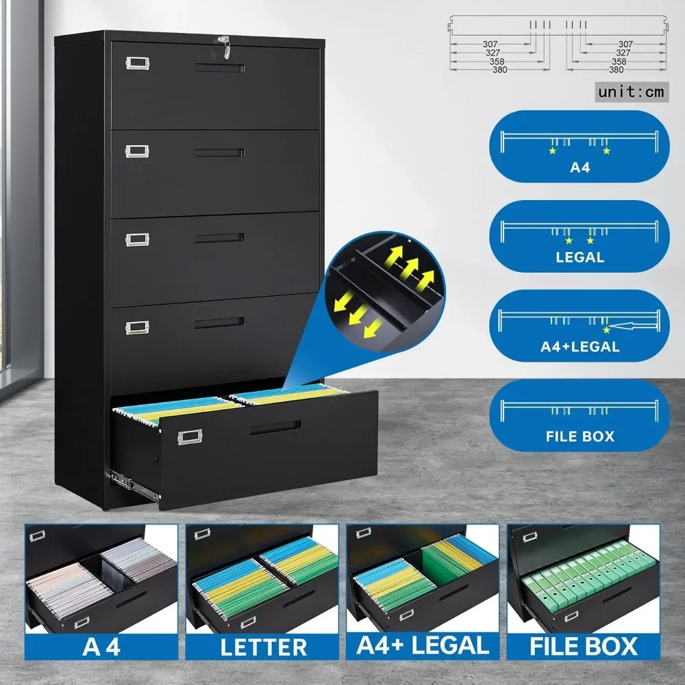 5 Drawers Lateral File Cabinet Metal Filing Storage Cabinet with Lock Office Home Steel Lateral File Cabinet for A4 Legal/Letter