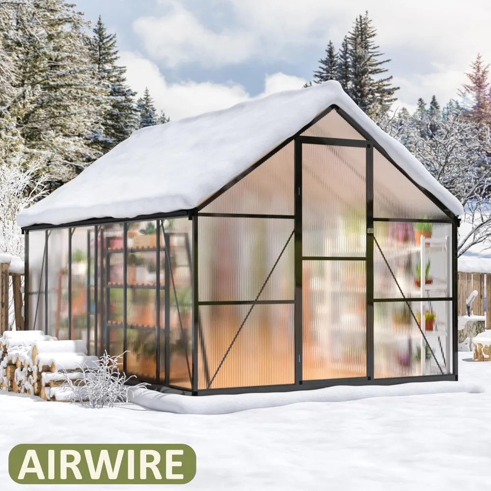 8x12 FT Greenhouse for Outdoors, Quick Setup Polycarbonate Greenhouse with Roof Vent, Aluminum Large Walk-in Greenhouse