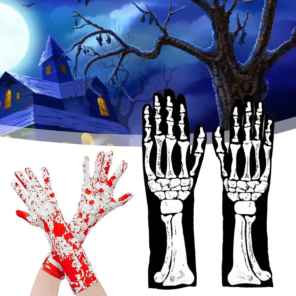 Halloween Skeleton Gloves Unisex Adult Full Finger Costume Supplies Ghost Horror Scary Party Cosplay Adult Gloves Dress-up W5W0